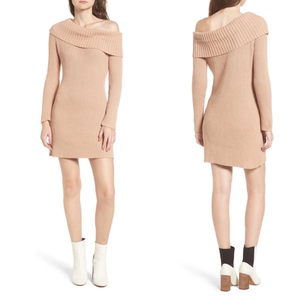 Somedays Lovin Like A Melody Off Shoulder Knit Sweater Dress Tan S 100% Cotton